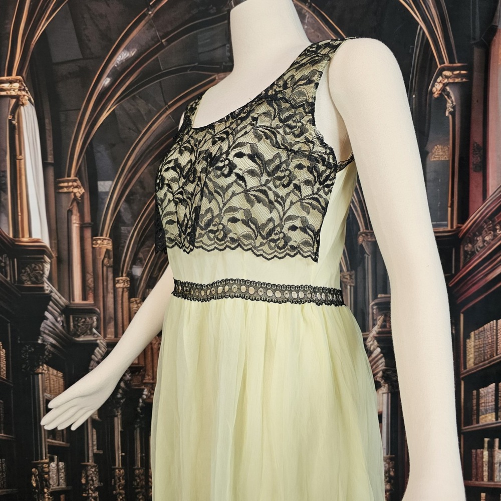 Vintage 1960s Lingerie Nightgown Slip Dress Yellow Black Lace Trim Retro Pinup - Picture 8 of 11